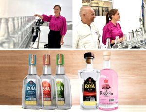 collage de imagenes de botellas de aguardiente y de la gerente con funcionarios